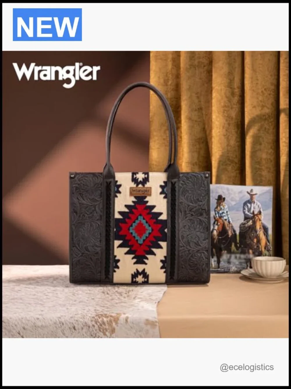 Western Tote Bag with Aztec Tapestry Genuine Leather Whipstitching